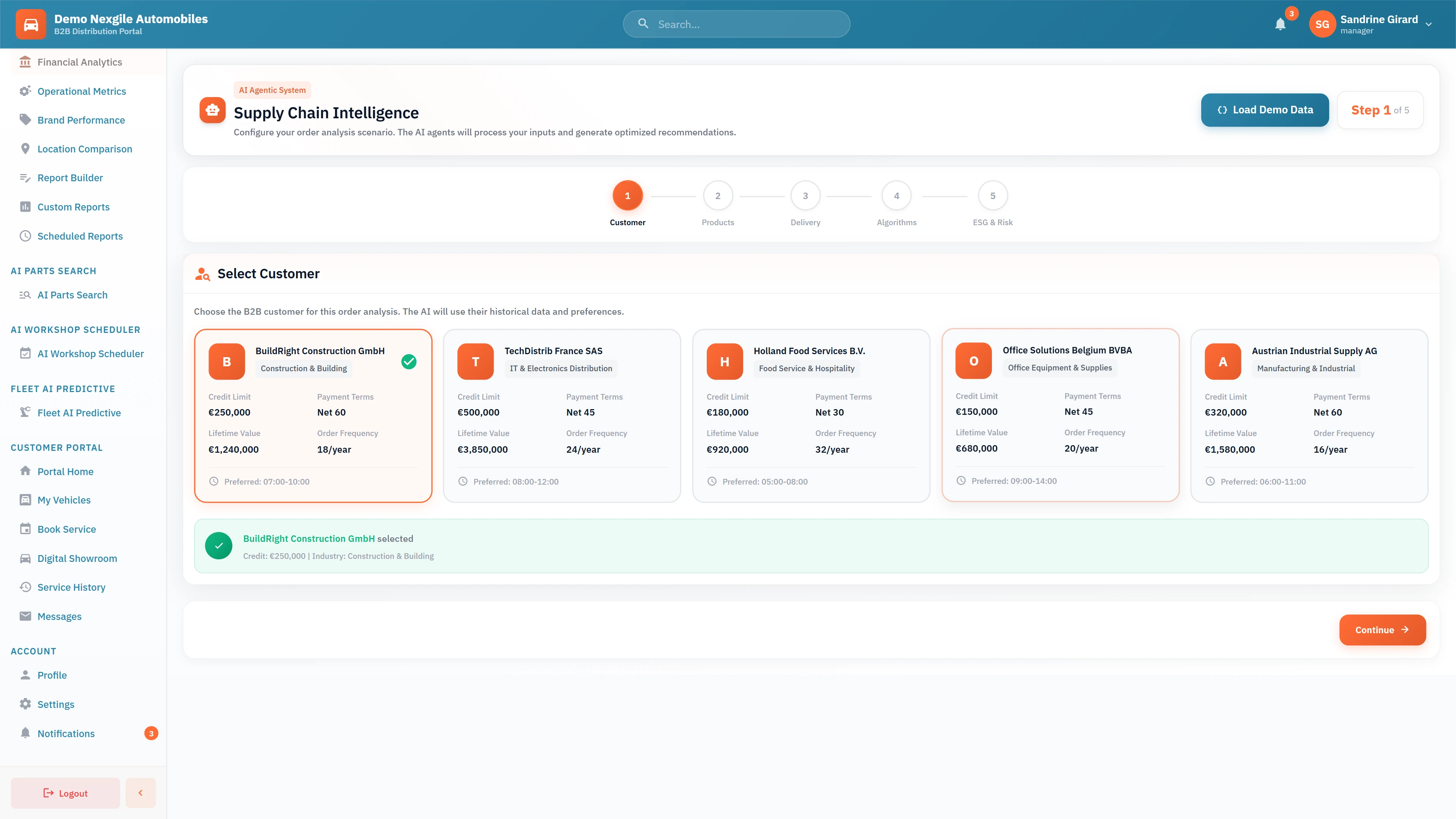 Supply Chain Intelligence Configuration - B2B customer selection interface displaying credit limits, payment terms, lifetime value, and order frequency across multiple industries